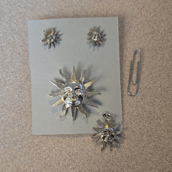 Silver Sun Pendant Necklace and Earring Set